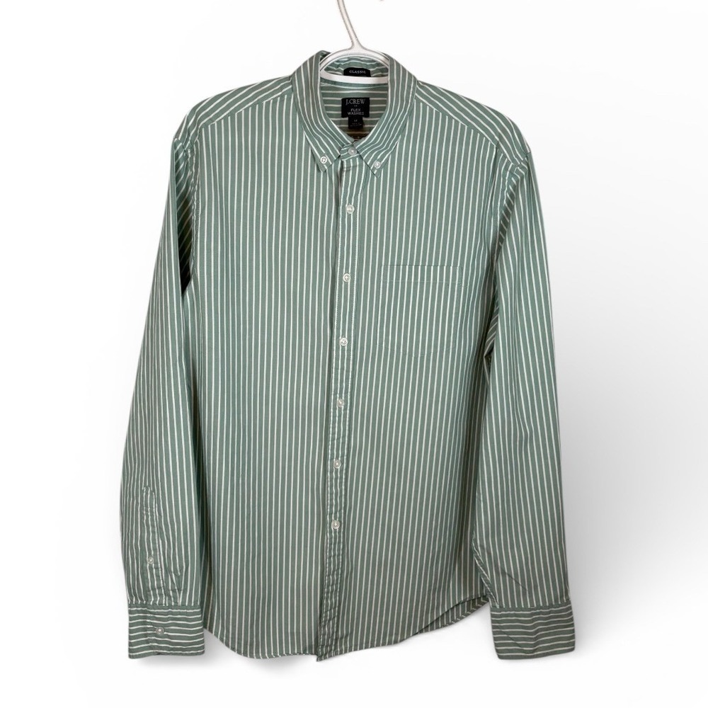 J Crew Flex Washed Classic Fit Green Stripe Button Down‎ Shirt Mens Size M